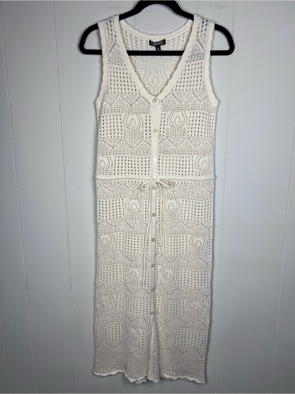SWNY Knit Crochet Button-Front Midi Dress Cream Size Small